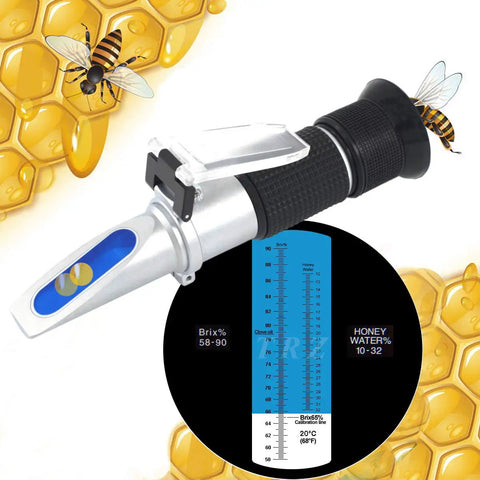Beekeeping Refractometer for Honey and Syrup, Measures 10-32 percent Water and 58-90 percent Sugar Brix, 0.2 percent Resolution, Two-Point Calibration, Easy to Use, Pro-Grade for Honey, Condensed Milk, Sugar Syrup, Jam, and Fruit Preserves., handheld metal refractometer with blue scale for honey water and Brix testing