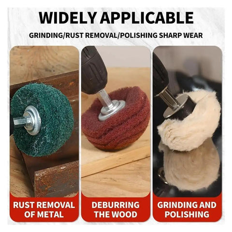 10 Piece Nonwoven Abrasive Buffing Wheel Set With One Quarter Inch Shank For Polishing And Surface Prep includes flap wheels in use