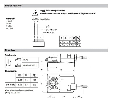 Heavy Duty 24V Modulating Damper Actuator For HVAC Units With 2 To 10V Position Feedback And AC DC Control technical diagram and specifications