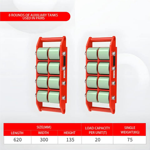 Effortless Heavy Duty Machinery Mover With Precision Remote Steering And True 360 Degree Swivel For Industrial Equipment Transporting 20 To 50 Ton Capacity displayed with 8 rounds of auxiliary tanks in pairs.
