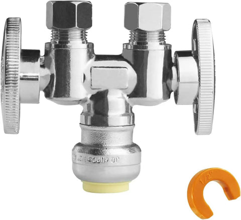 Push Fit To Dual Three Eighths Inch OD Compression Straight Stop Valve chrome-plated brass no-sweat install view with disconnect clip