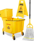No Sweat Heavy Duty Commercial Mop Bucket On Wheels With Side Press Wringer And 35 Quart Size for efficient floor cleaning.