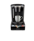Slim Under-Counter Coffee Pod Drawer For 24 K-Cups shown with Keurig coffee maker, durable black metal, fits under brewer