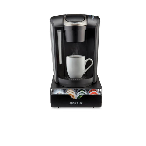 Slim Under-Counter Coffee Pod Drawer For 24 K-Cups shown with Keurig coffee maker, durable black metal, fits under brewer