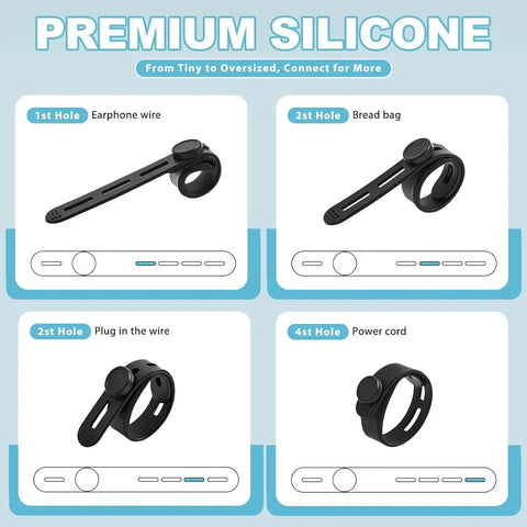 Premium silicone cable ties for organizing phone, bread bags, plug wires, and power cords with adjustable holes.