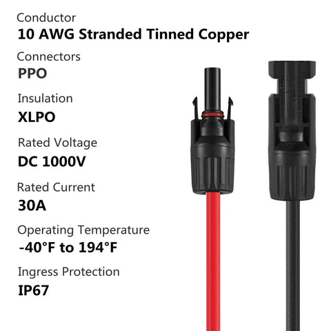 Y Branch Solar Connector Parallel Adapter With 10 AWG Cable For Solar Panels 30A At 1000V DC IP67 Outdoor Rated Red And Black Leads