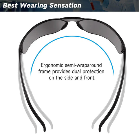 Back view of 10 Pack Tinted Safety Glasses ANSI Z87.1 Scratch Resistant Eye Protection For Men And Women showing dual protection wraparound frame.