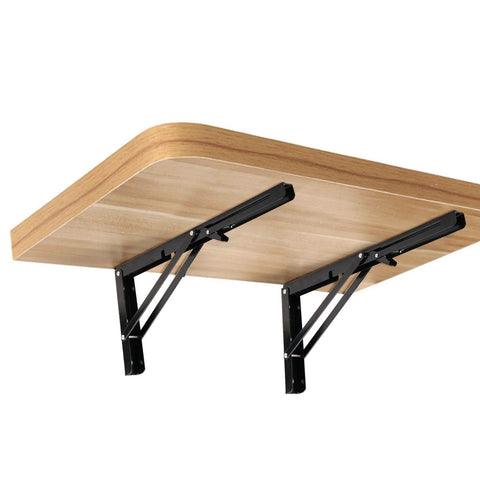ZOENHOU 14-inch folding shelf brackets; pair of black metal supports under a light wood shelf.