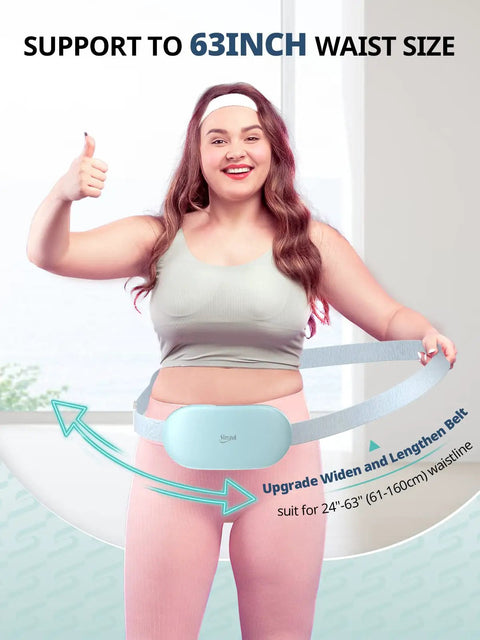 Plus Size Portable Electric Heating Pad for Period Cramps, cordless waist belt heat therapy shown on model, light blue color