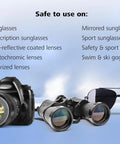 ZEISS pre-moistened sunglasses cleaning wipes, 240 count, shown with camera, binoculars and sunglasses.