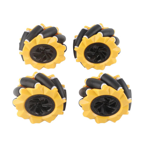 Set of four yellow 80mm Mecanum omni wheels with black rollers