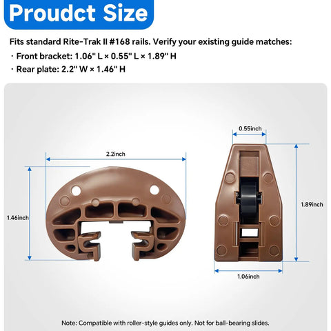 Heavy Duty Center Mount Drawer Slide Replacement For Standard Rite Trak Number One Six Eight Tracks dimensions showing brackets and rear plate.
