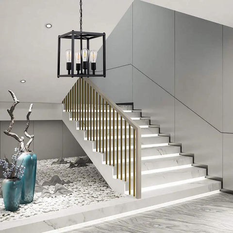 Four Light Black Farmhouse Pendant Chandelier For Entryway Hallway And Dining Room, Industrial Mid Century Ceiling Light Fixture With E26 Base, Dimmable With Compatible Dimmer Bulbs hanging in modern stairway.