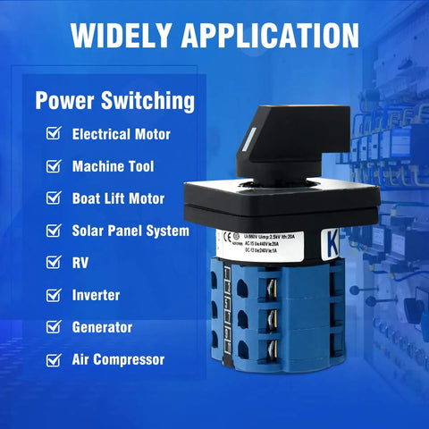 Heavy-Duty Rotary Changeover Switch 20A 660V Four Position Three Phase With 12 Terminals, shown with power switching applications
