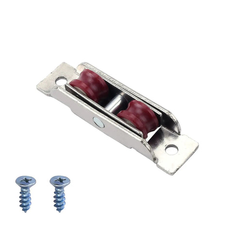 Top Shelf Double Wheel Pulley Set Featuring Nylon U Groove Rollers For Zero Drag Sliding Doors And Windows Silver Stainless Steel Housing with red nylon wheels and screws.