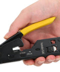 3 In 1 Network Wire Crimping Tool With Cutter And Stripper Adjustable Crimp Modes For CAT5 CAT6 CAT7 Ethernet in hand showing yellow handle