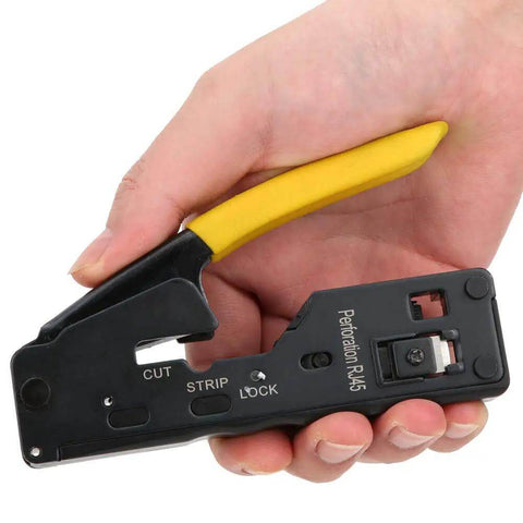 3 In 1 Network Wire Crimping Tool With Cutter And Stripper Adjustable Crimp Modes For CAT5 CAT6 CAT7 Ethernet in hand showing yellow handle