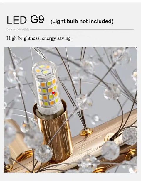 Crystal Bubble Sputnik Chandelier With Dope Firework Lights, close-up of LED G9 bulb socket in gold finish, energy-saving feature.