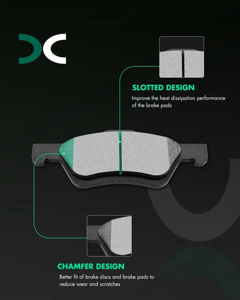 Front Ceramic Brake Pads Kit 4Pc Set for Ford Escape 2005-2012 Mazda Tribute showing slotted and chamfer design.