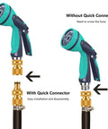 Heavy Duty Rust Resistant Brass Garden Hose Quick Connect Fittings Three Quarter Inch GHT Female To Female Adapters No Leak Easy To Use Includes Two Female Connectors For Fast Leak Free Hose Setup shown with hose nozzle comparison.