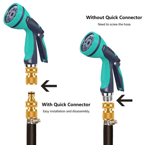 Heavy Duty Rust Resistant Brass Garden Hose Quick Connect Fittings Three Quarter Inch GHT Female To Female Adapters No Leak Easy To Use Includes Two Female Connectors For Fast Leak Free Hose Setup shown with hose nozzle comparison.