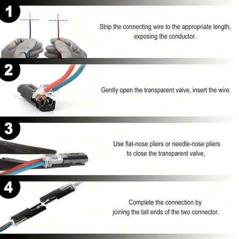 Steps to use Double Wire Plug In Connector With Locking Buckle No Tools Needed Quick Clip Fasteners for Strip Lights DIY Projects