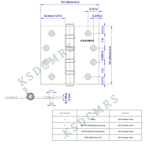 Diagram of Stainless Steel 4 Inch Door Hinges Set with measurements and material details for Heavy Duty Ball Bearing Exterior And Interior Hinges.