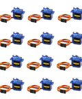 Set of 12 blue SG90 micro servo motors with orange cables and 3-pin connectors.