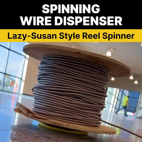 Tug Wise 1000 Lb Heavy Duty Wire Spool Dispenser With Lazy Susan Turntable displaying wire reel in indoor setting