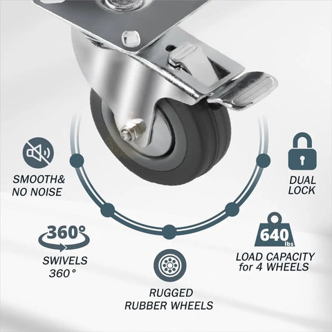 3 Inch Swivel Caster Wheels Set Of 4 With Dual Locking Brakes And Rubber Tread, Beefy Heavy Duty Plate Casters, 640 Lb Load Capacity