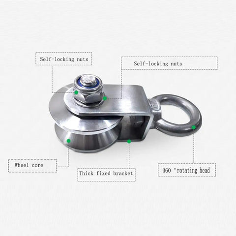 Beefy 304 Stainless Steel V Shaped Pulley For Wire Rope Crane Traction 350 Kg Load Capacity Fixed Wheel Lifting Bearing Single Wheel Pulley Built For Heavy Lifting And Industrial Projects showing components.