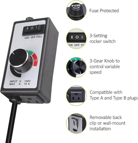 AC Motor Speed Controller For Fans Up To 15A Max 120V Adjustable Dial In For Hydroponics Inline Duct Exhaust And Ceiling Fans With 6 Foot Grounded Cord 2000W Resistive 1500W Inductive Load showing front panel with controls and features