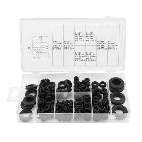 Top Notch Soft Plastic Grommet Kit Featuring 8 Sizes For Pipes Hydraulic Air Gas Lines Plus Pvc Snap Shut Cable Protection Assortment To Keep Your Wires Safe And Sound On Any Serious Job Site Today., black grommet assortment in labeled case, 1/4 to 1 inch
