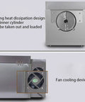 Rock Solid Commercial Electric Coffee Bean And Nut Roaster With Slick Adjustable Temp Controls showing removable cylinder and fan cooling design.