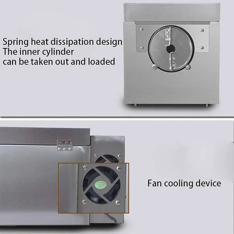 Rock Solid Commercial Electric Coffee Bean And Nut Roaster With Slick Adjustable Temp Controls showing removable cylinder and fan cooling design.