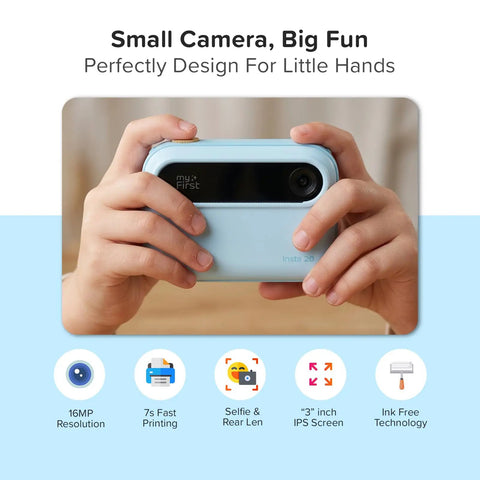 Kids Instant Print Camera Kit With 16MP Sensor, 9 Rolls Paper, Travel Case And Wearable EVA Case, Prints Up To 450 Photos, Durable Lightweight Gift For Ages 4 To 12, Your Kid's New Travel Photo Buddy. Blue camera in small hands