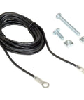 Black wire coil with two attached connectors, and three metal screws with accompanying nuts on a white background.