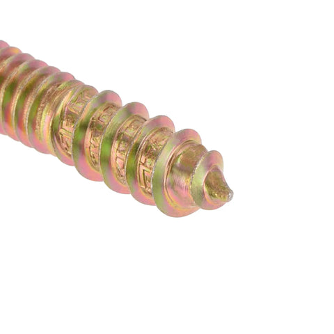 Close-up of Heavy Duty 1/4-20 X 1-1/4 In Zinc Plated Hanger Bolts, showcasing their threaded design for woodworking.