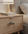 Cabinet Cam Lock Replacement For Office Desks And Wardrobes, Zinc Alloy Silver Finish on wooden nightstand with keys