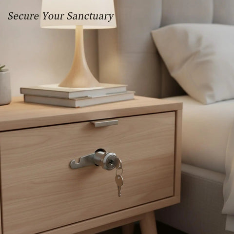 Cabinet Cam Lock Replacement For Office Desks And Wardrobes, Zinc Alloy Silver Finish on wooden nightstand with keys