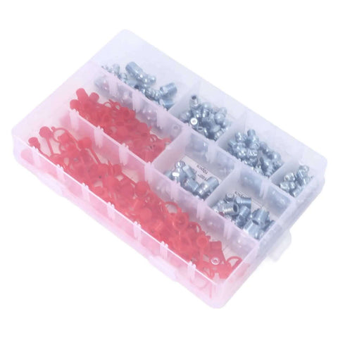 Heavy Beefy 160 Pieces Grease Fitting Kit With Zerk Nipples Incl 45 90 180 Deg Elbows Plus Straight Nuts In Storage Box Made For Cars Motorcycles Trucks And Farm Tractors For Keeping Your Rig Rocking Strong. 160-piece zinc-plated M10 grease fitting kit in storage box