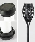 Close-up of 6 Pack Solar Flickering Flame Torches Waterproof Outdoor Garden Lights, showcasing solar panel and LED design.