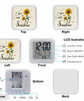 Totally Sweet Farm Sunflower Cube Digital Alarm Clock With Silent Sweep Snooze Function And Chill Nightlight front LCD display showing time and temperature