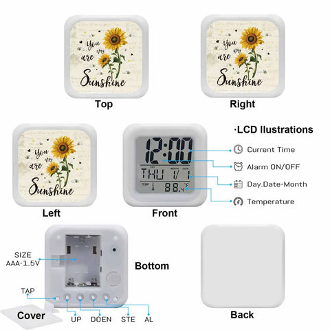 Totally Sweet Farm Sunflower Cube Digital Alarm Clock With Silent Sweep Snooze Function And Chill Nightlight front LCD display showing time and temperature