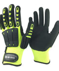 Anti Vibration Oil Proof Cut Resistant Safety Work Glove With Full Finger Design Yellow Nylon HPPE Glass Fiber Seamless Knit Liner And Sandy Nitrile Palm For All Day Grip Large; front and back view of gloves showing TPR protection and nitrile grip.