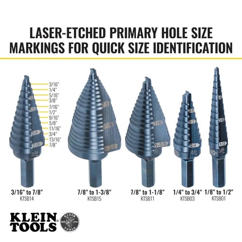 Five step drill bits with visible size markings, featuring Step Drill Bit 14 Double Fluted 3/16 to 7/8 Inch with Easy Read Step Markings.