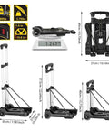 Folding Luggage Cart With 88 Lb Load Capacity Lightweight Durable Aluminum Alloy Frame Travel Trolley shown folded and assembled with dimensions