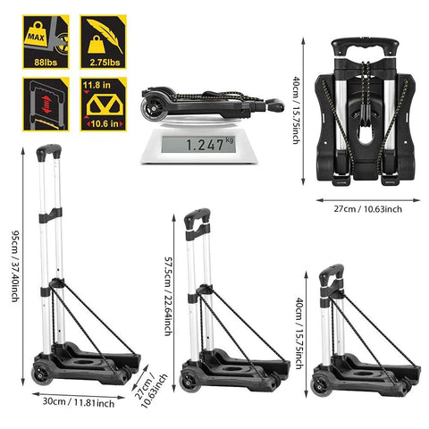Folding Luggage Cart With 88 Lb Load Capacity Lightweight Durable Aluminum Alloy Frame Travel Trolley shown folded and assembled with dimensions