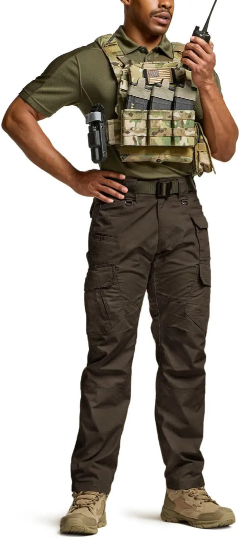 Men's Tactical Ripstop Cargo Pants With Water Resistant Duratex Fabric being worn by a person, dark brown color 38W X 32L