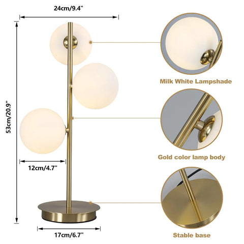 Three Light Brass Bedside Lamp With Mid Century Globe Shade In White And Gold, showing dimensions and details of lamp features.